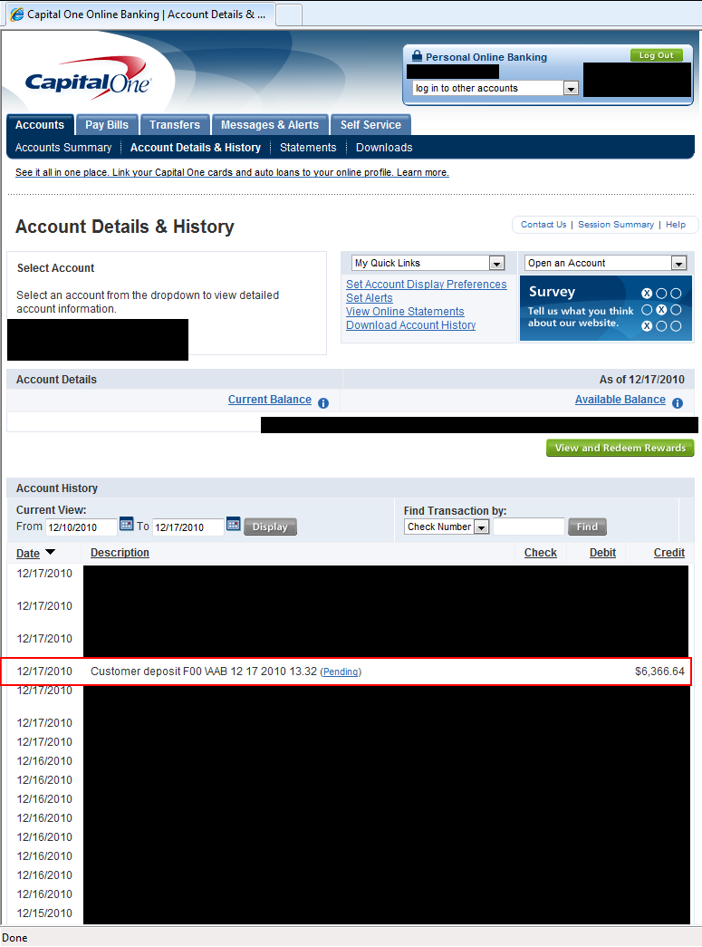 image from Capital One Online Banking, showing bogus deposit.