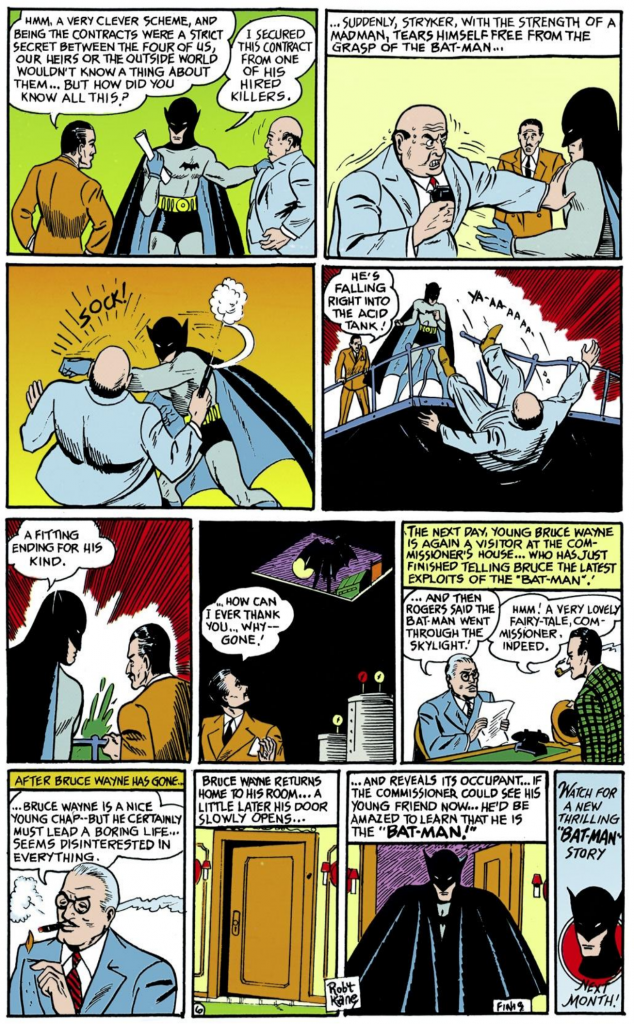 Batman foils Stryker's plan, Stryker is killed by tumbling into a vat of acid.